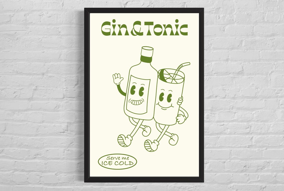 Gin and Tonic Retro Mascot Cocktail Kitchen Bar Art Decor Poster