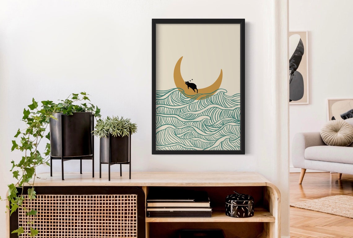 Black Cat Sitting on Golden Crescent Moon Ocean Waves Art Poster - Image 2