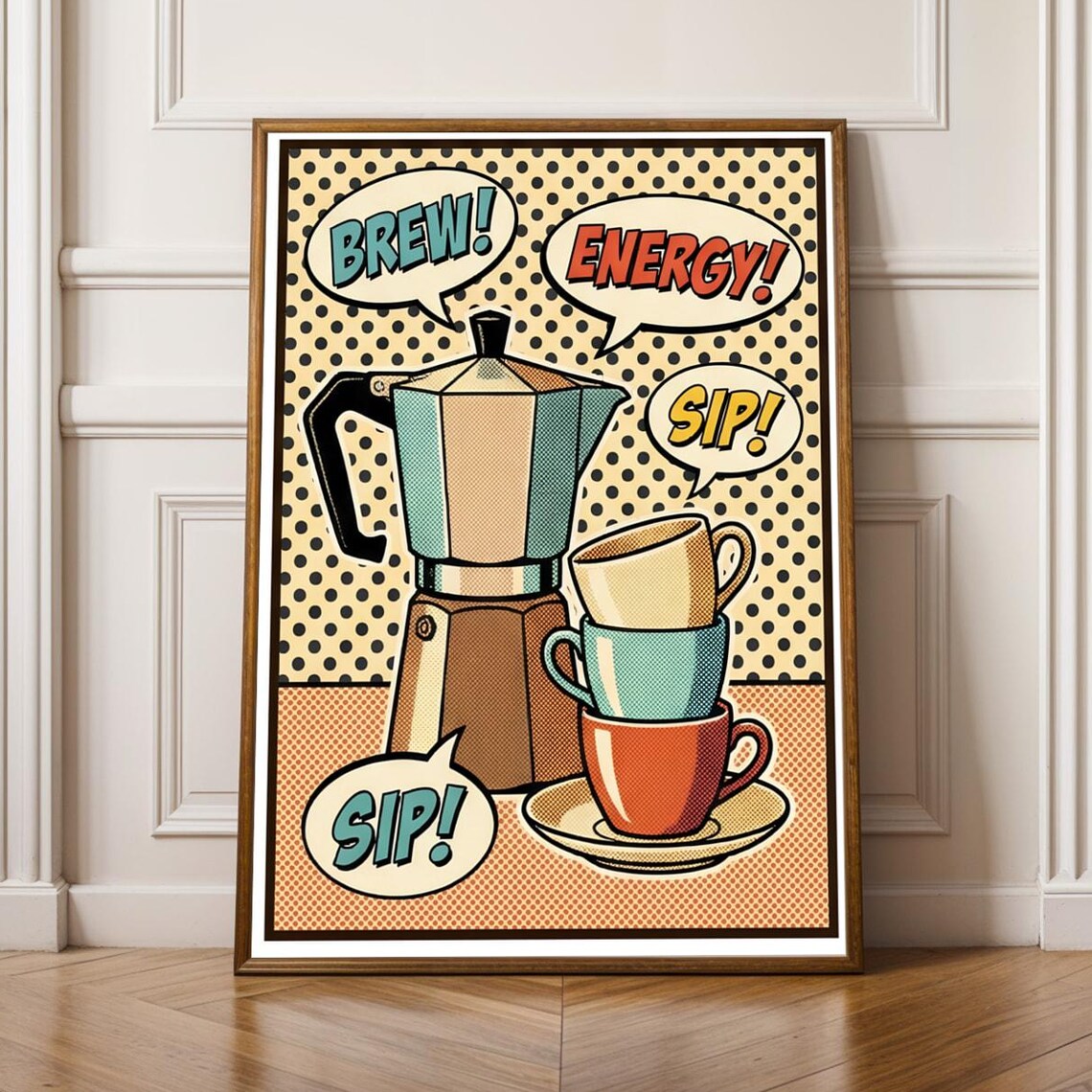 Pop Art Moka Pot Espresso Brew Energy Sip Comic Speech Kitchen Wall Poster