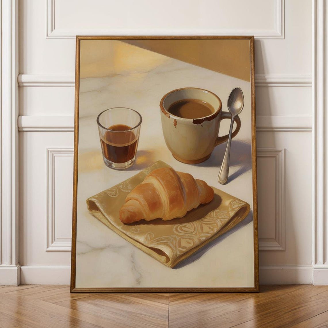 Breakfast Coffee And Croissants Poster Modern Painterly Still Life Cream Amber