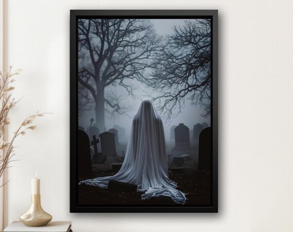 Veiled Ghost in Misty Cemetery Among Tombstones Bare Trees Spooky Poster