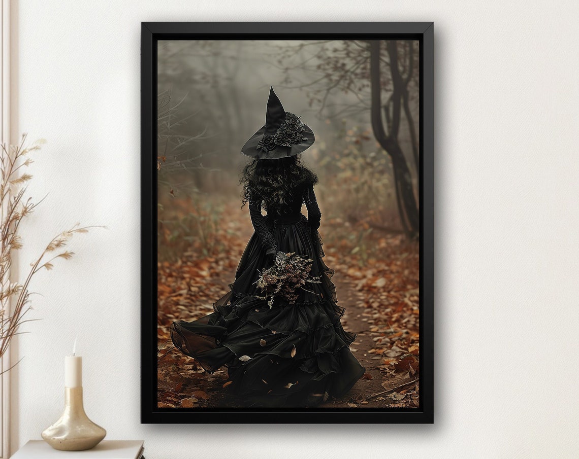 Witch In Black Gown On Autumn Forest Path Fall Leaves Art Poster