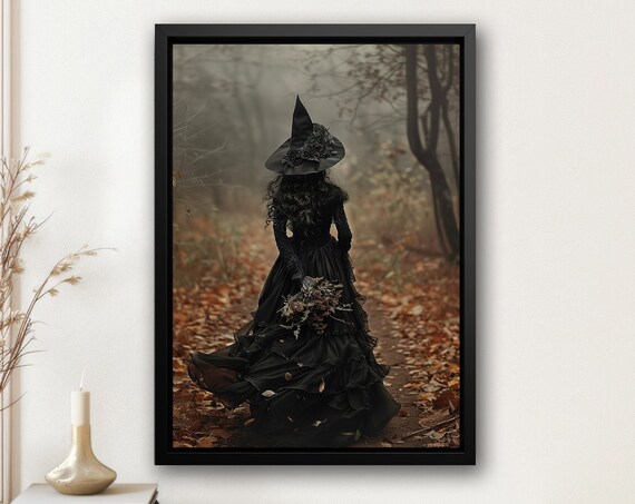 Witch In Black Gown On Autumn Forest Path Fall Leaves Art Poster