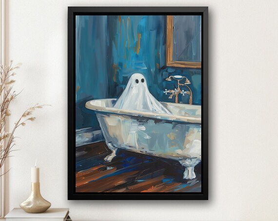 Cute Ghost In Vintage Clawfoot Bathtub Blue Bathroom Art Poster