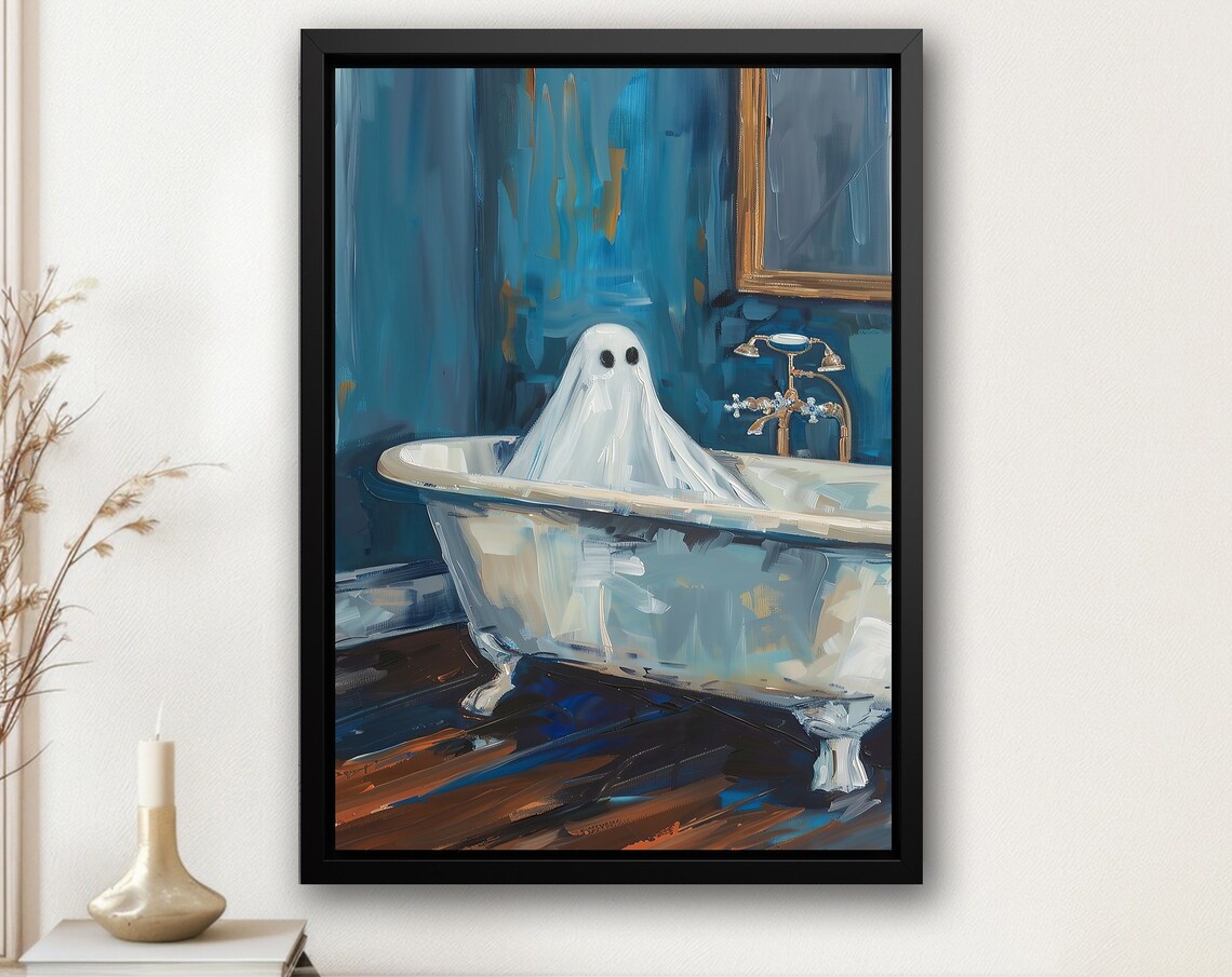 Cute Ghost In Vintage Clawfoot Bathtub Blue Bathroom Art Poster