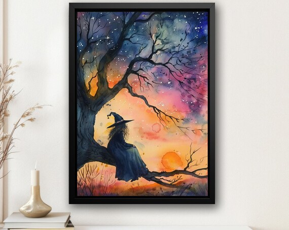 Witch Sitting On Tree Branch Galaxy Sunset Starry Watercolor Halloween Art Poster