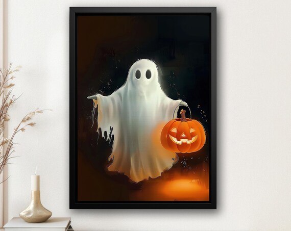 Cute Ghost Holding Glowing Jack O Lantern Pumpkin Bucket Halloween Poster