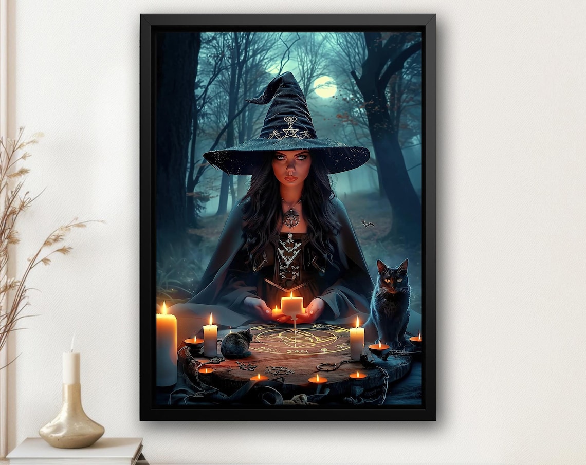 Witch Casting Spell in Moonlit Forest Candles Black Cat Magic Ritual Poster