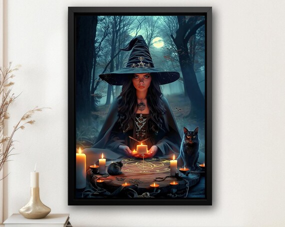 Witch Casting Spell in Moonlit Forest Candles Black Cat Magic Ritual Poster