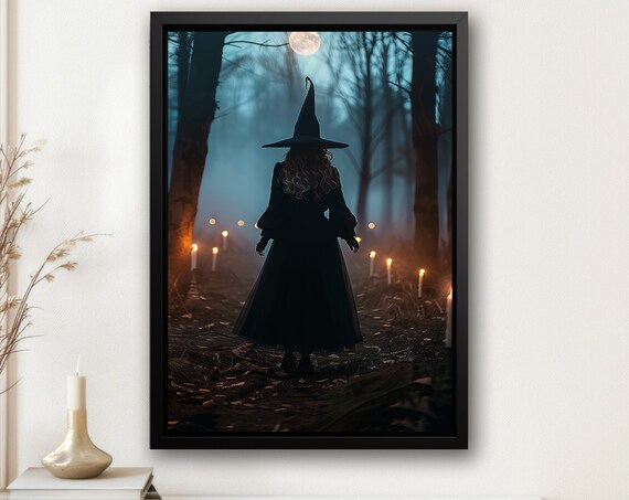 Witch Walking Candlelit Forest Path Under Moon Dark Magic Poster