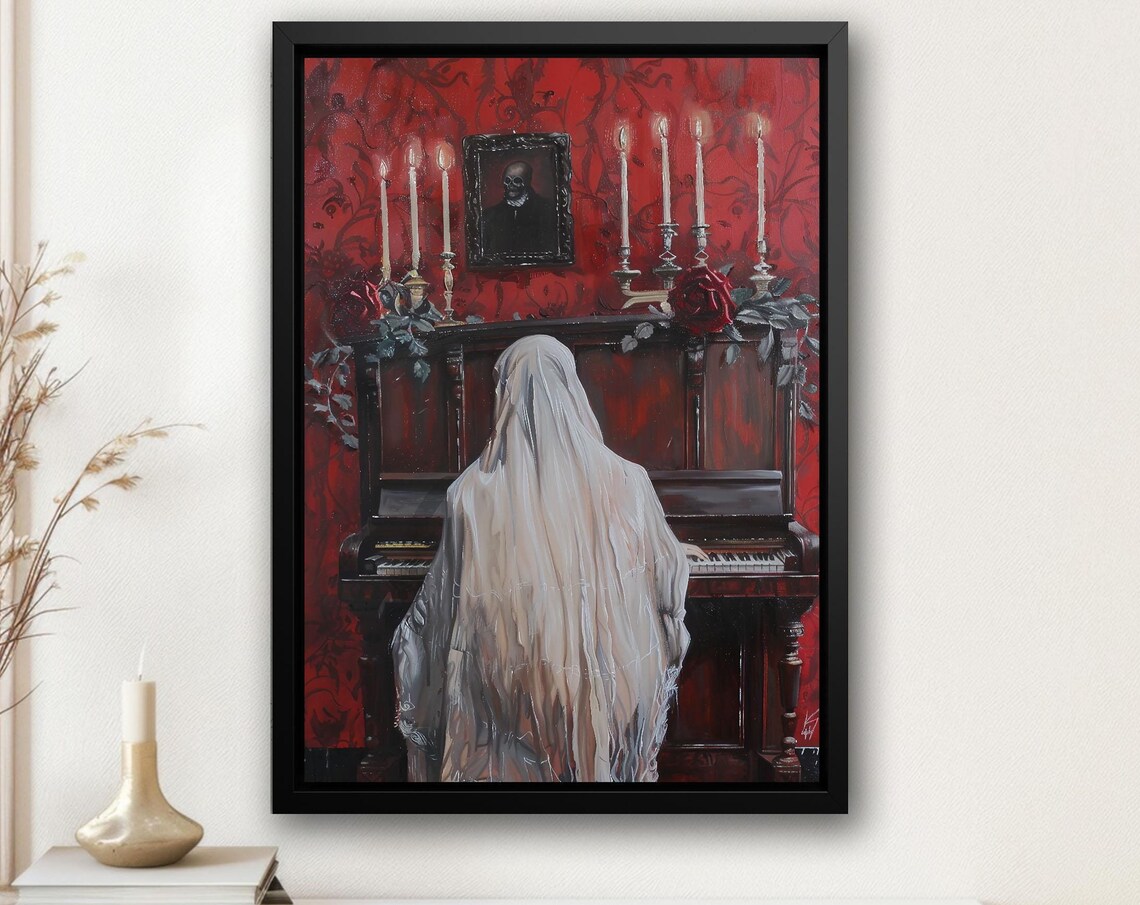 Ghost Playing Piano in Red Candlelit Victorian Room Dark Romantic Poster