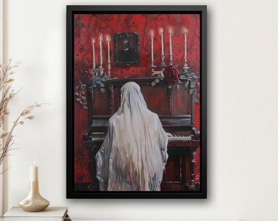 Ghost Playing Piano in Red Candlelit Victorian Room Dark Romantic Poster