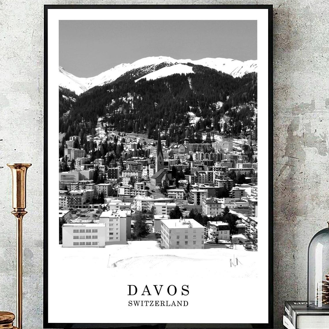 Davos Switzerland Snowy Alpine Town Black And White Travel Poster
