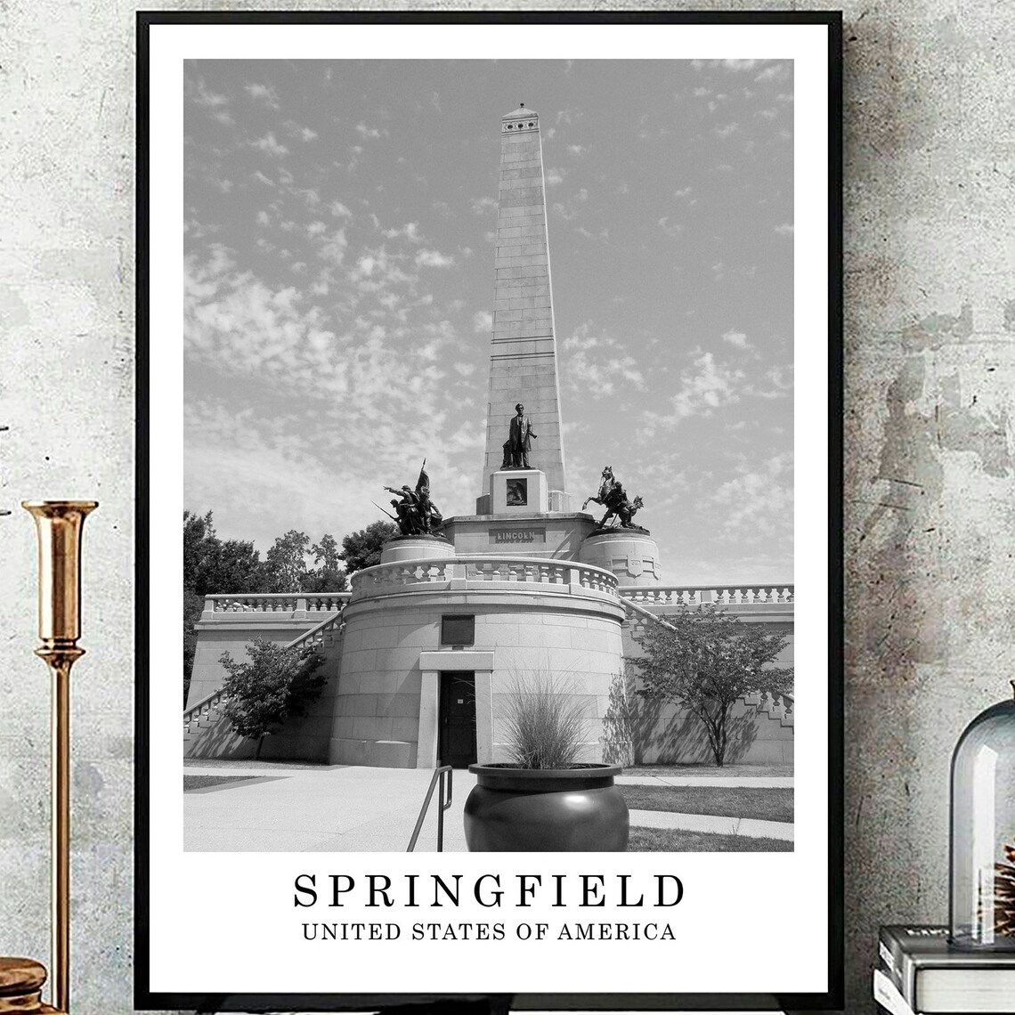Springfield Illinois Lincoln Tomb Black And White Travel Poster