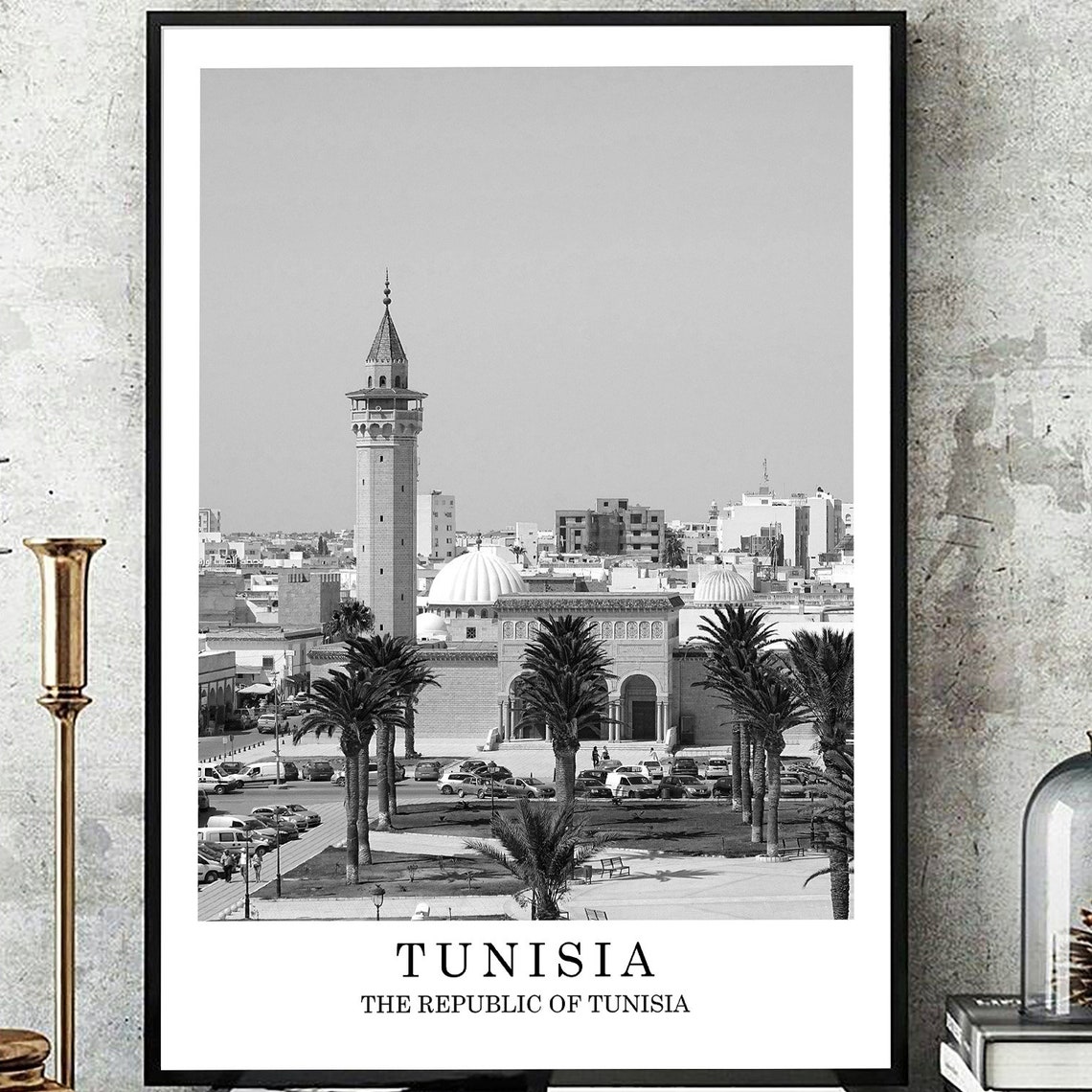 Tunisia Mosque Minaret Cityscape Black And White Travel Poster