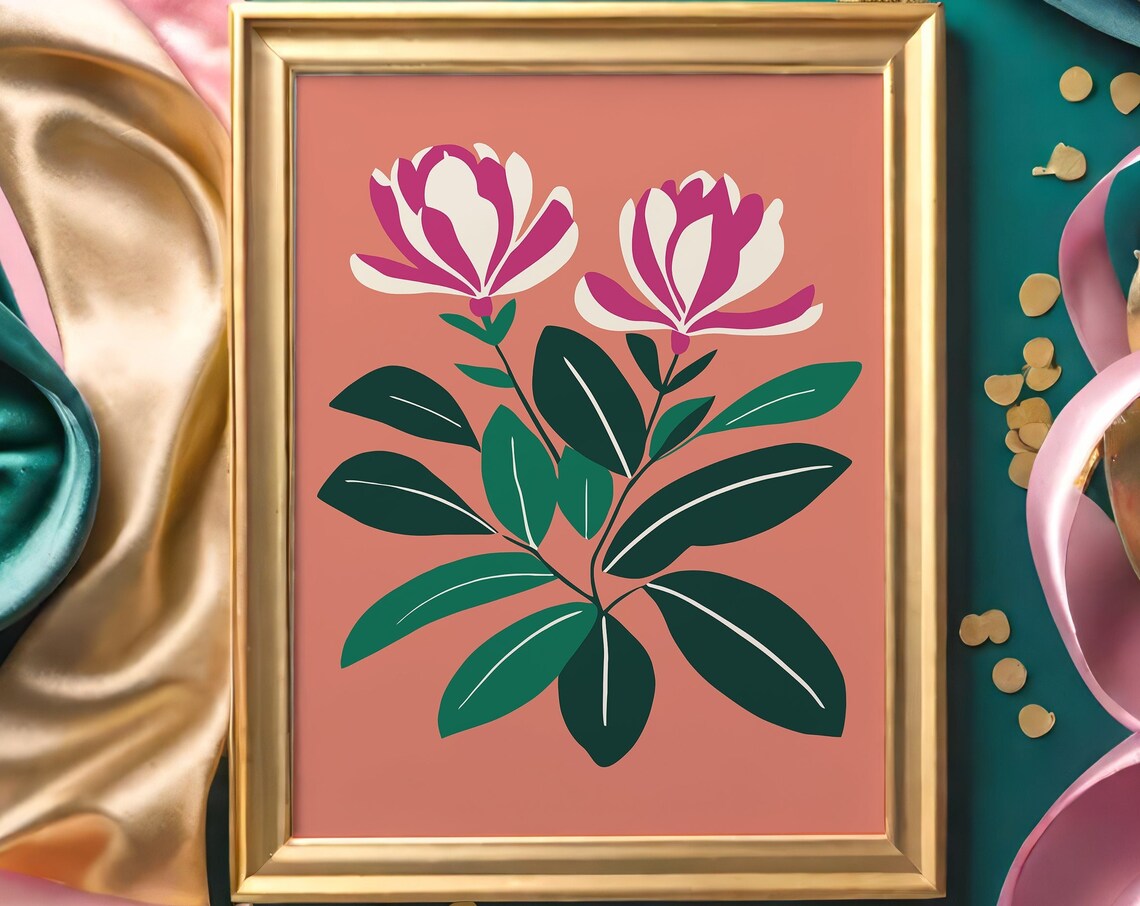 Pink Rhododendron Botanical Floral Art Print on Coral Background