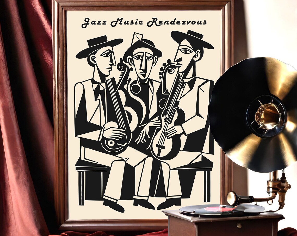 Jazz Music Rendezvous Black and White Cubist Jazz Trio Poster
