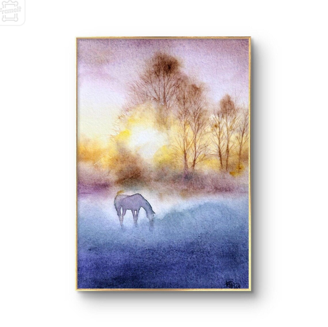 Horse Grazing In Mist At Sunrise Watercolor Country Meadow Art Poster