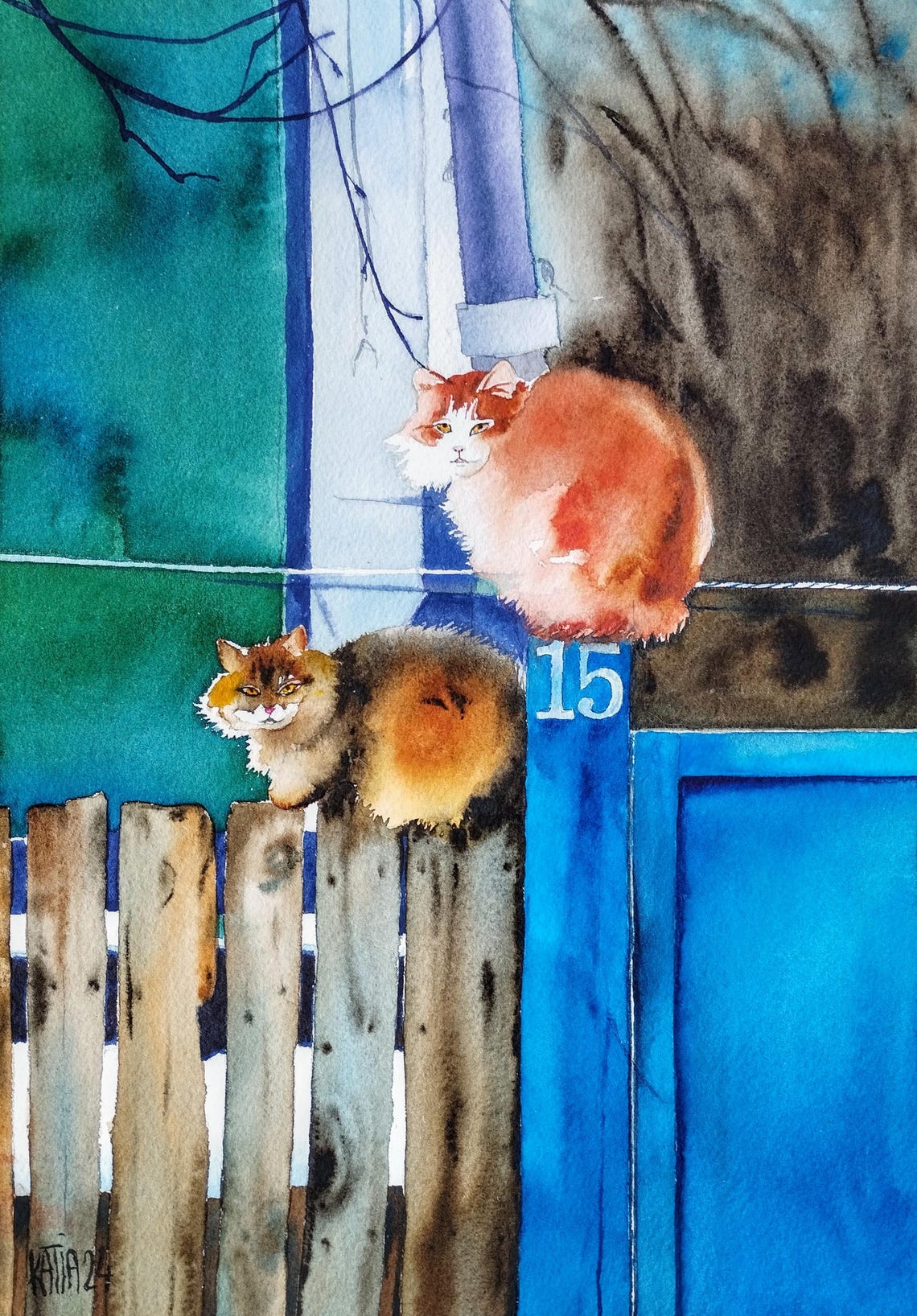 Original Watercolor Cat Painting Portraits Of Ginger And Brown Cats In The Garden Small Pet Felines Wall Art Handmade