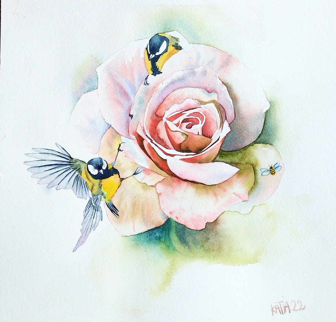 Two Garden Birds On A Blooming Pink Rose Watercolor Bird Art Poster