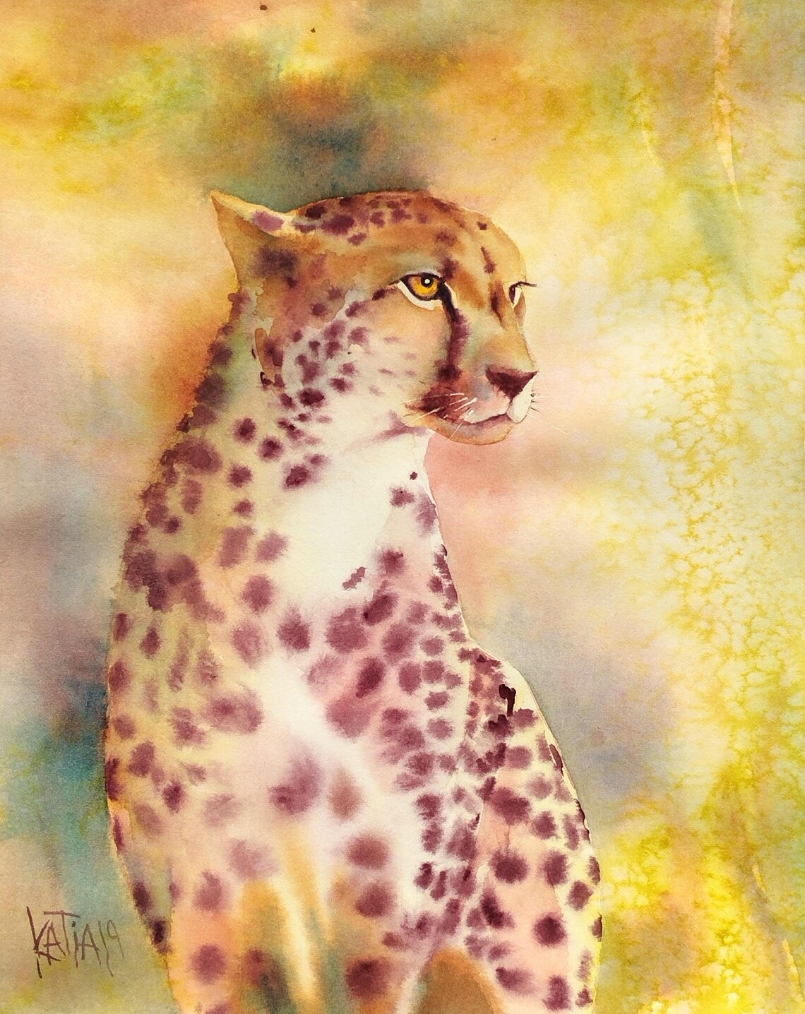 Cheetah Portrait in Warm Golden Savanna Watercolor Art Poster