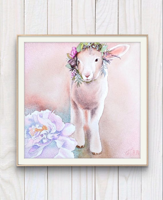 Sheep Painting Cute Lamb With Flower Crown Farm Animal Original Watercolor Handmade Romantic Pastoral Scene Wall Art
