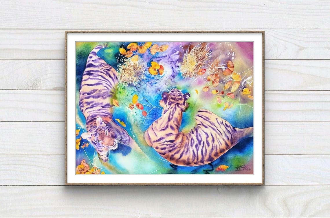 Tigers In Water Painting Original Watercolor Japanese Tiger Couple Asia Art Print Animal Wall Art Of Big Cats Handmade