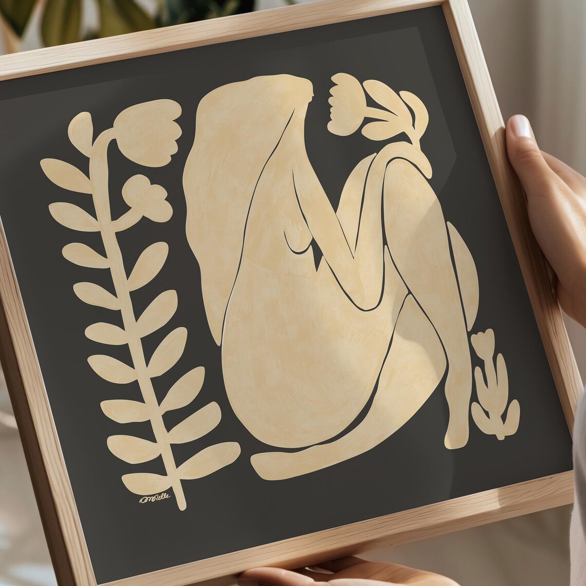 Abstract Woman Botanical Beige Black Seated Figure Art Poster