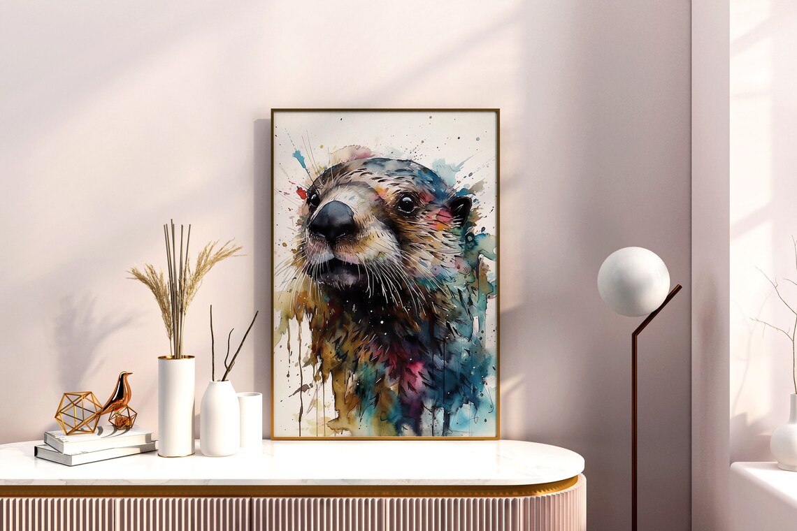 Otter Portrait Colorful Watercolor Art Playful Face Splash Poster - Image 5