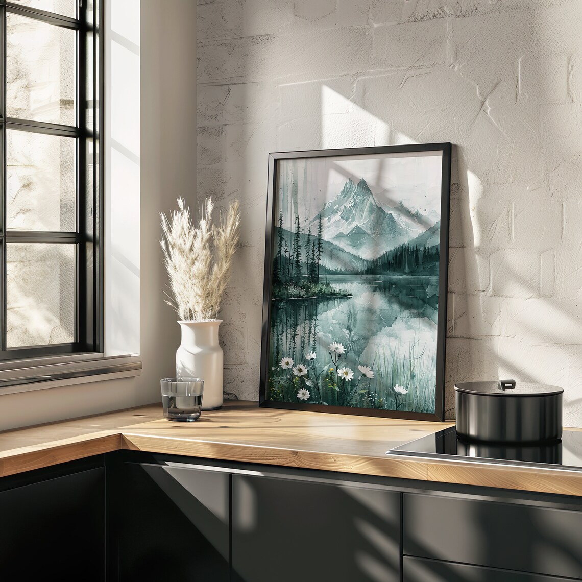 Snowy Mountain Lake With Daisies Watercolor Alpine Scene Poster - Image 3