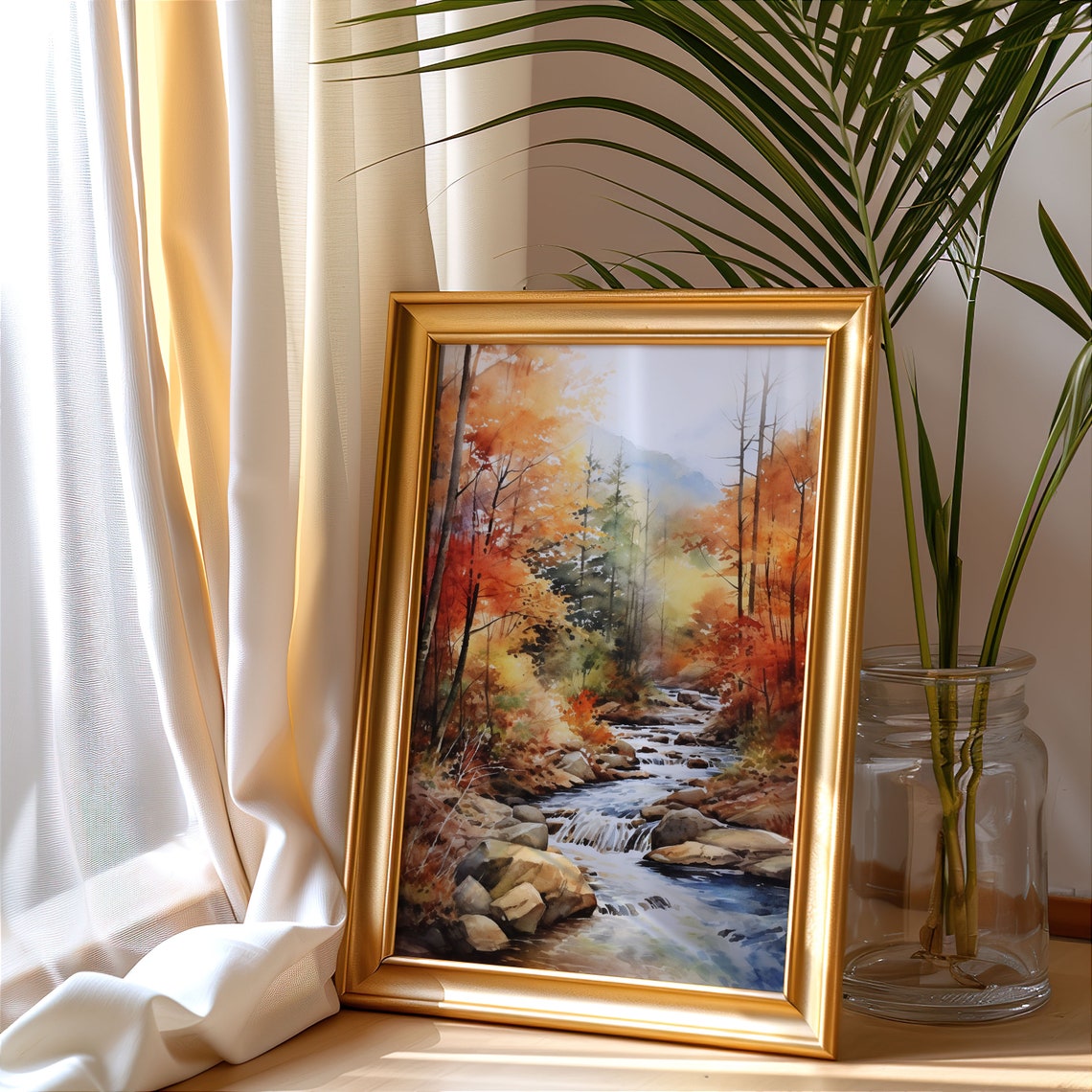 Autumn Forest Stream Rocky Creek Fall Watercolor Landscape Poster - Image 4