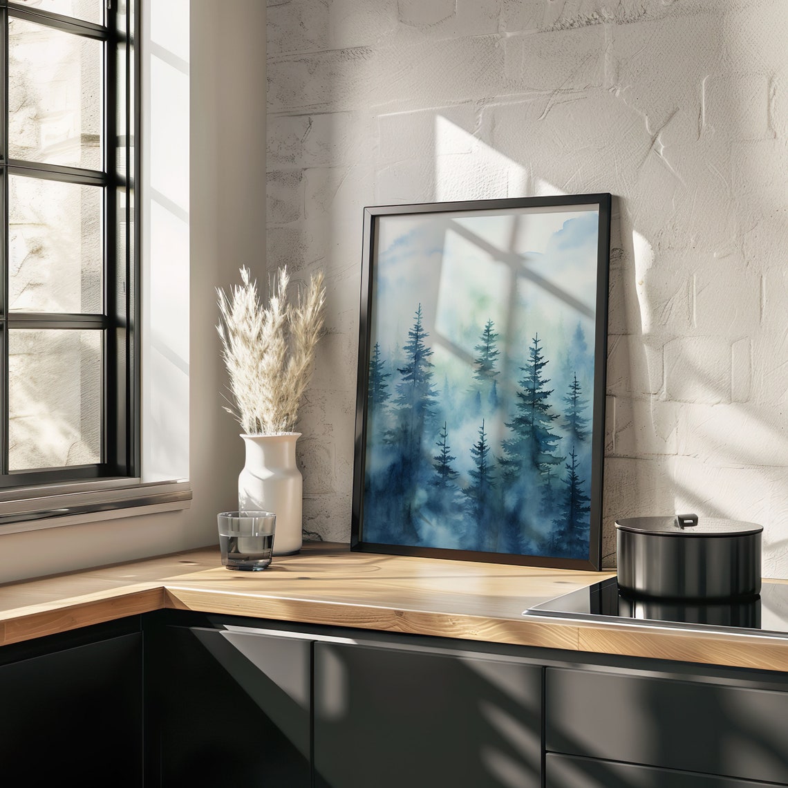 Blue Foggy Pine Forest Watercolor Painting Poster for Serene Spaces - Image 4