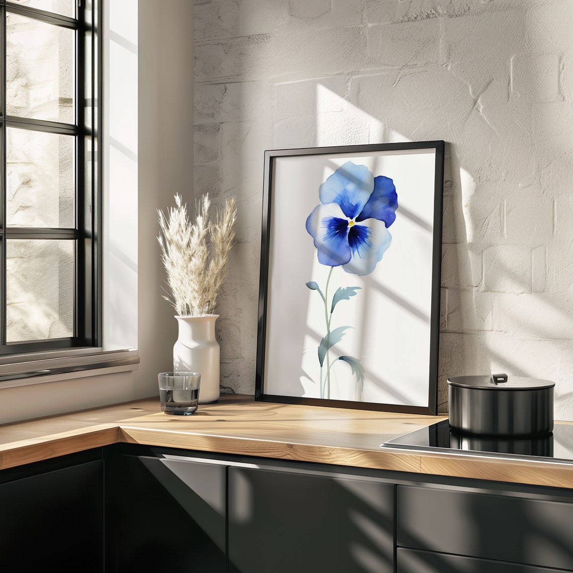 Blue Pansy Watercolor Single Flower Dark Center Minimalist Art Poster - Image 4