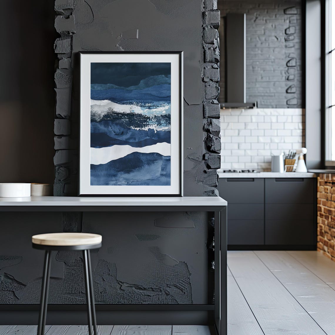 Navy Watercolor Wave Layers Abstract Ocean White Foam Poster - Image 3