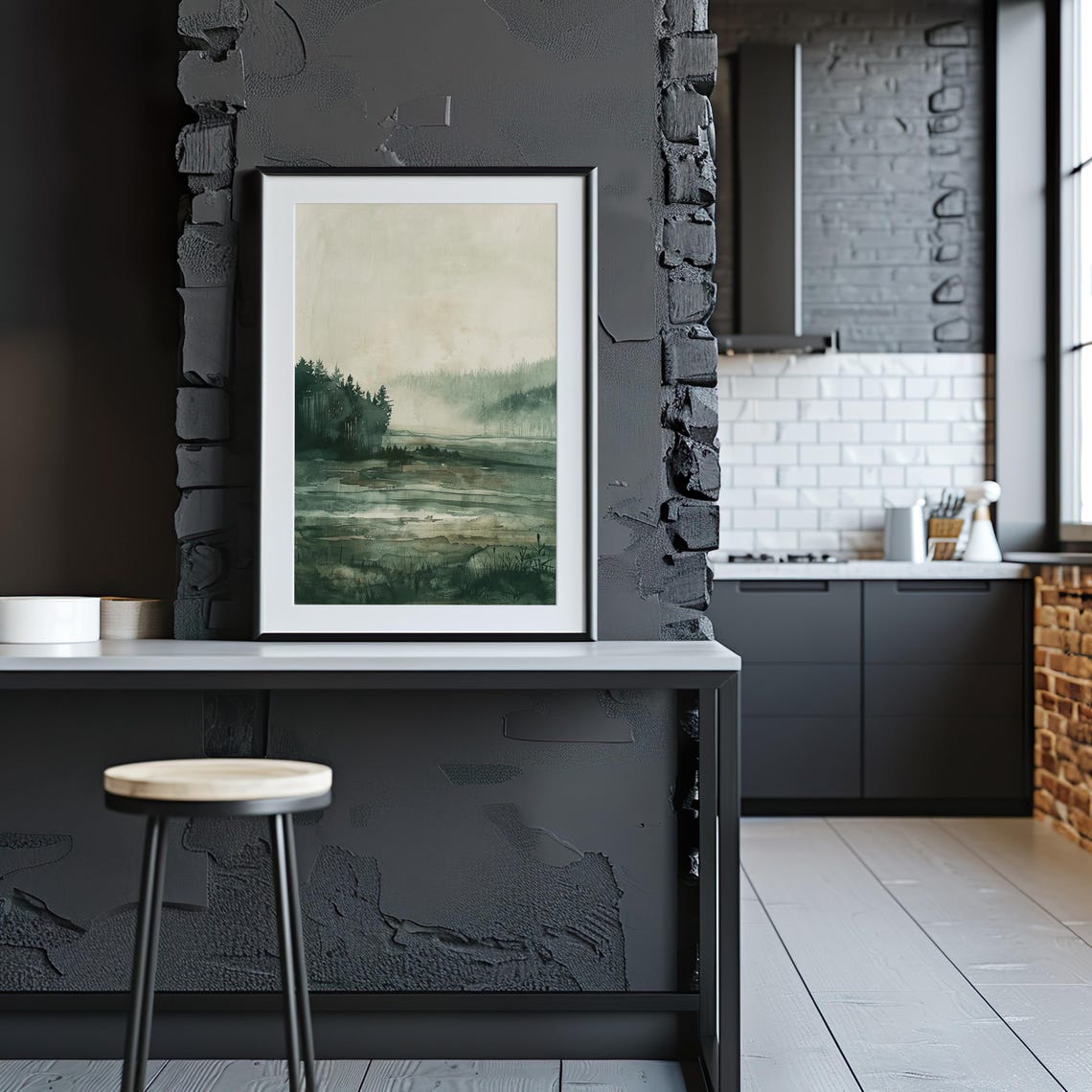 Misty Forest Lake Watercolor Green Gray Calm Landscape Art Poster - Image 4