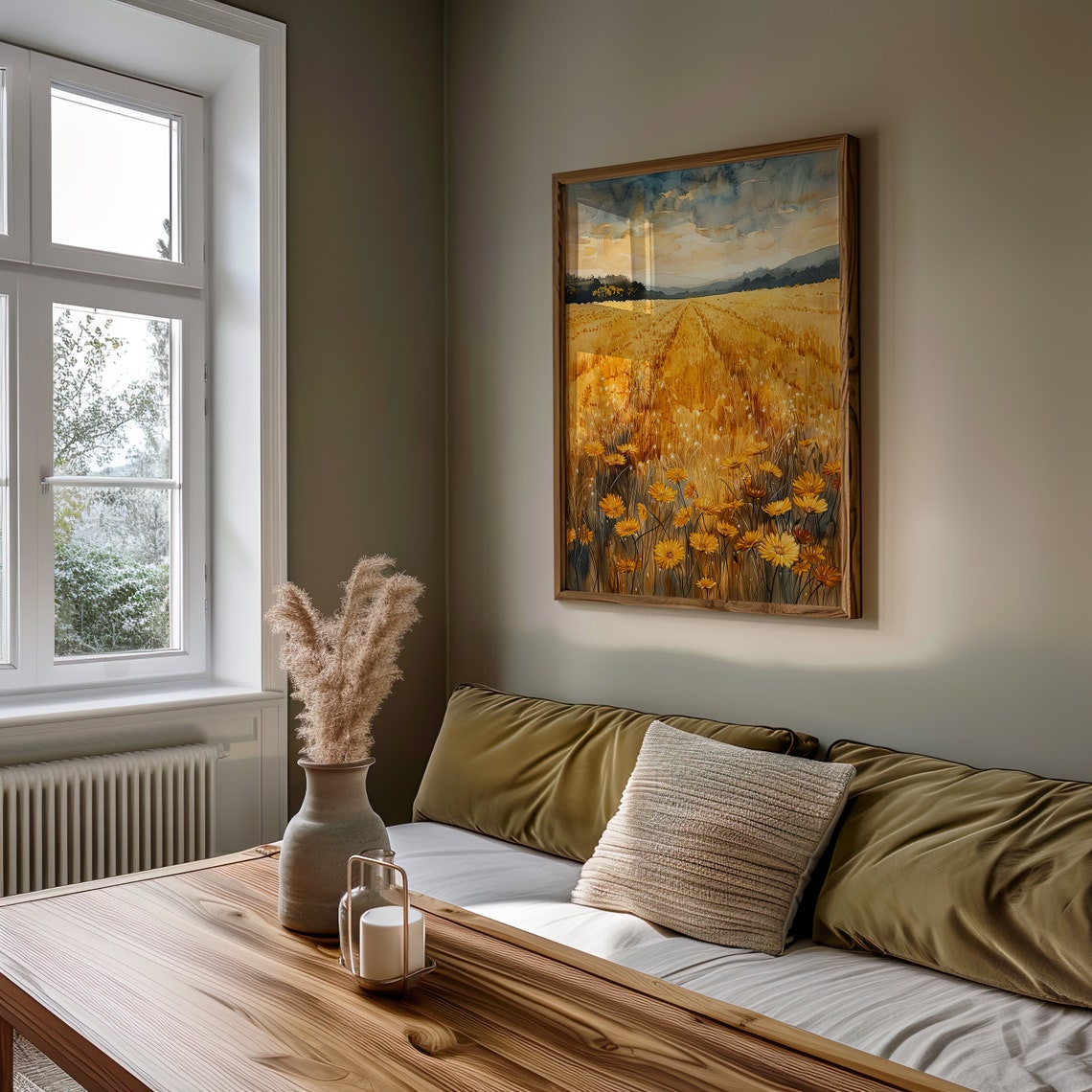 Golden Wheat Field With Daisies Watercolor Farm Landscape Poster - Image 4