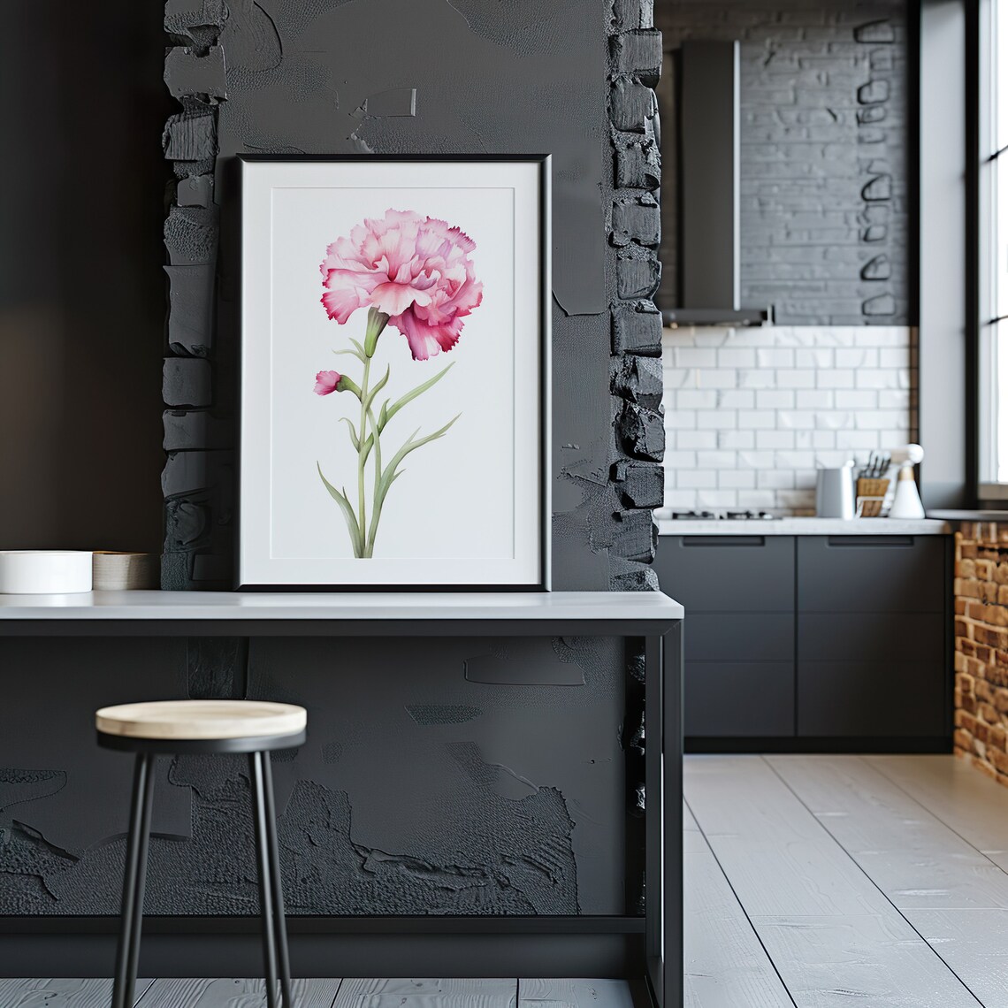 Pink Carnation With Bud Fringed Petals Watercolor Floral Art Poster - Image 5