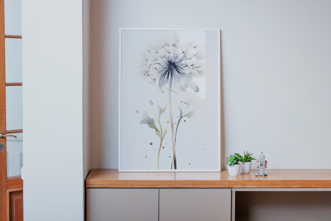 Delicate Dandelion Seed Head Blue Watercolor Botanical Art Poster - Image 2