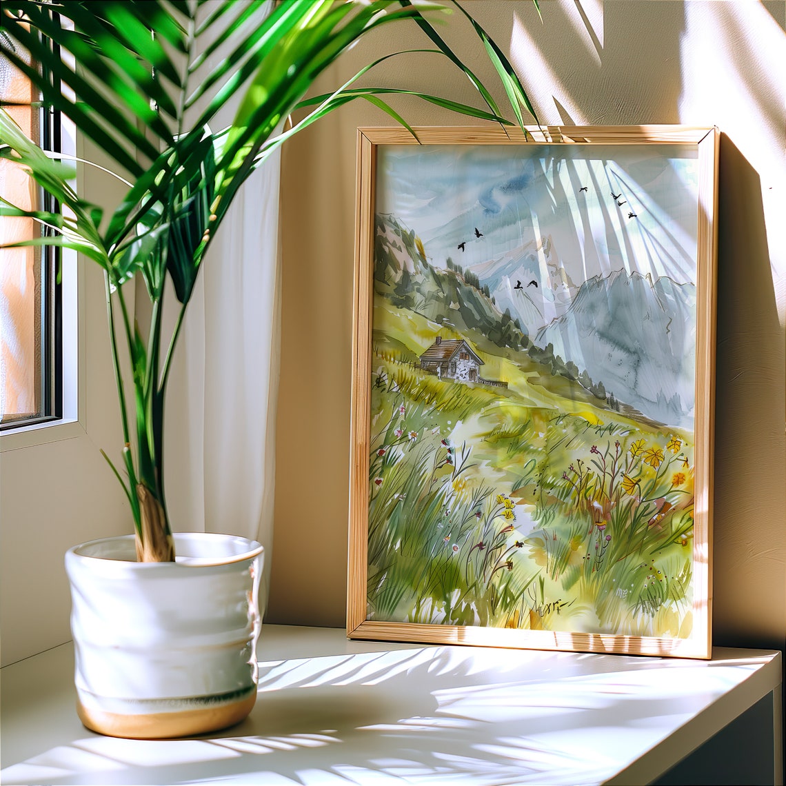 Alpine Meadow Cabin Watercolor Mountain Birds Landscape Art Poster - Image 2