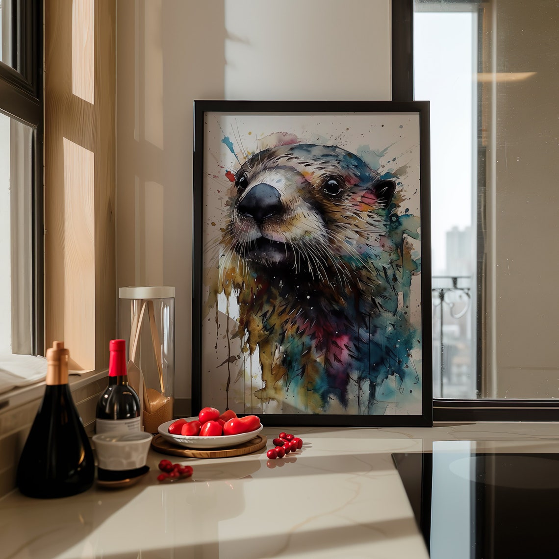 Otter Portrait Colorful Watercolor Art Playful Face Splash Poster - Image 4