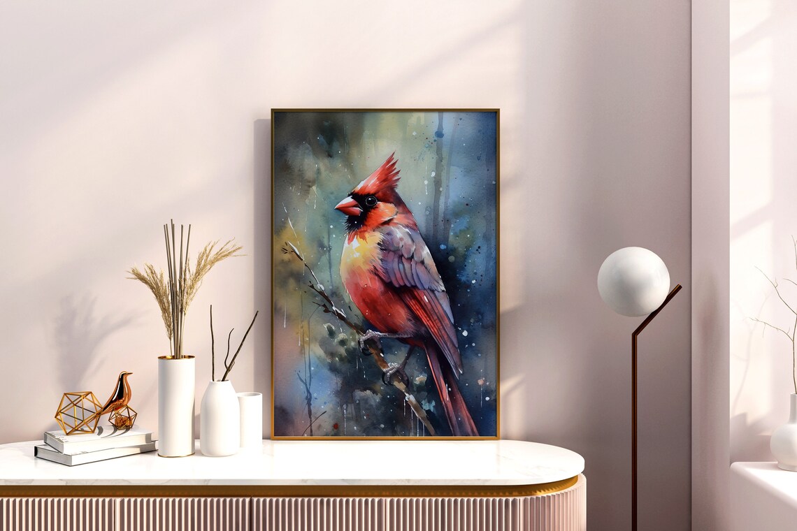 Red Cardinal Bird Watercolor Perched Winter Songbird Art Poster - Image 3
