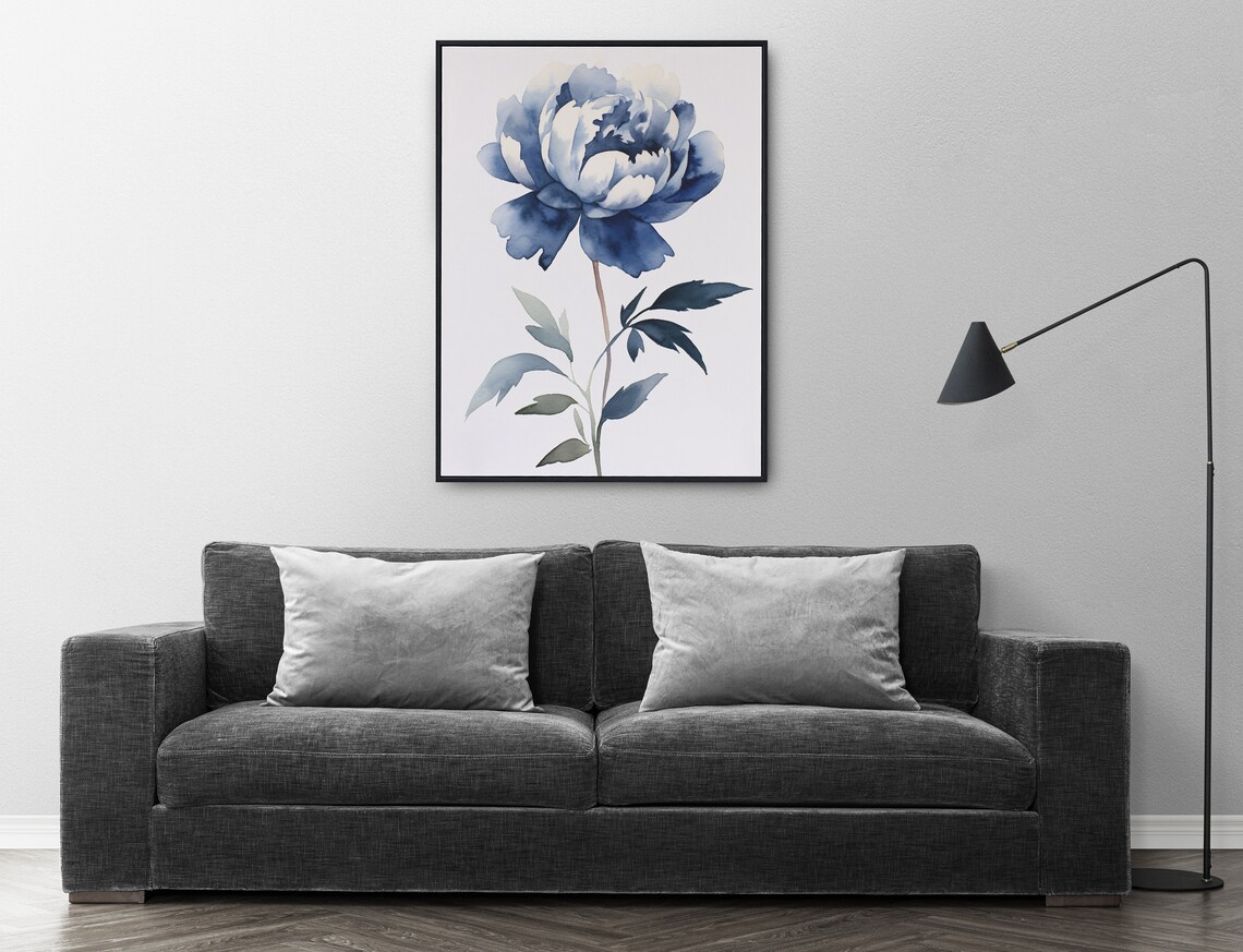 Blue Peony Watercolor Navy Single Flower Minimalist Botanical Art Poster - Image 5