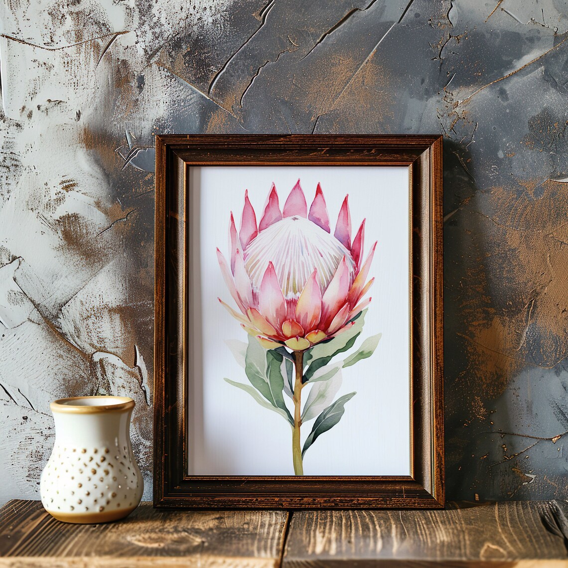 Pink King Protea Flower Watercolor Botanical Floral Art Poster - Image 4