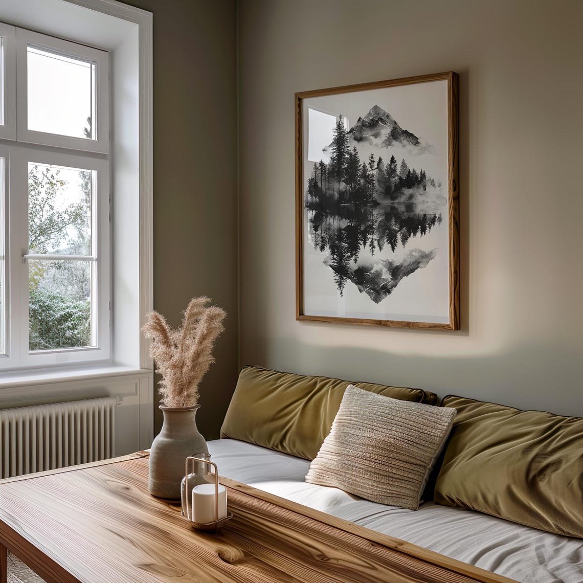 Black White Mountain Forest Reflection Watercolor Art Poster - Image 5