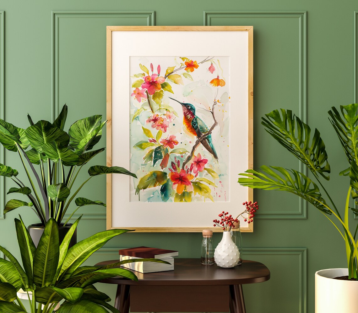 Hummingbird Among Pink Spring Flowers Watercolor Bird Art Poster - Image 4