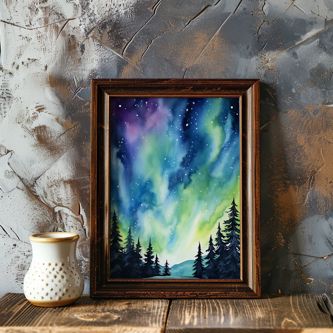 Northern Lights Over Pine Forest Watercolor Night Sky Poster - Image 3