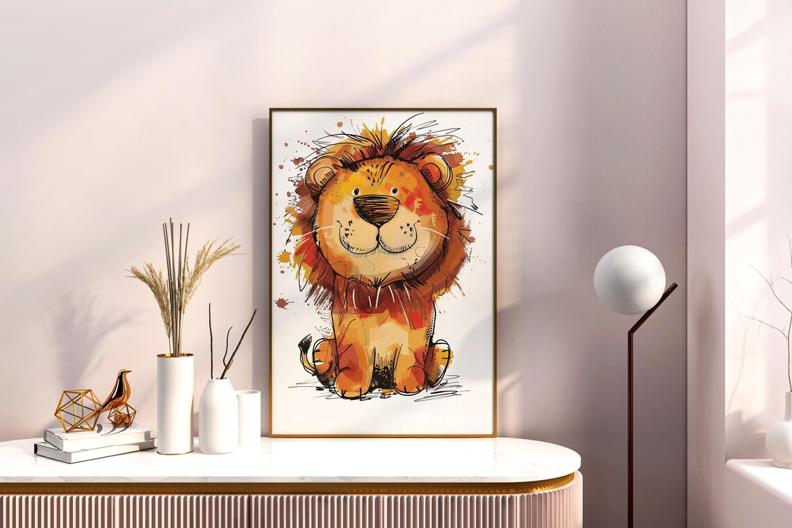 Cartoon Lion Watercolor Doodle Happy Kids Nursery Art Poster - Image 2
