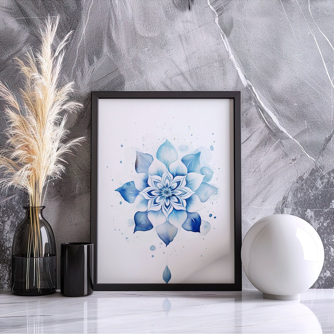 Blue Watercolor Mandala Flower Symmetric Zen Yoga Decor Poster - Image 2