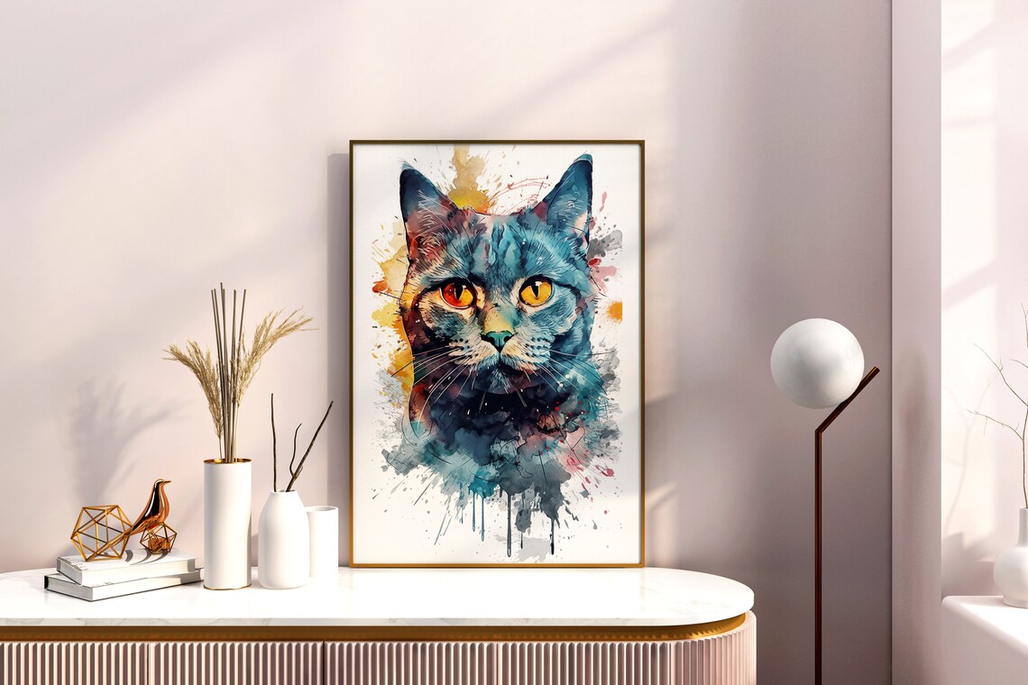 British Shorthair Cat Watercolor Portrait Blue Gray Feline Art Poster - Image 3