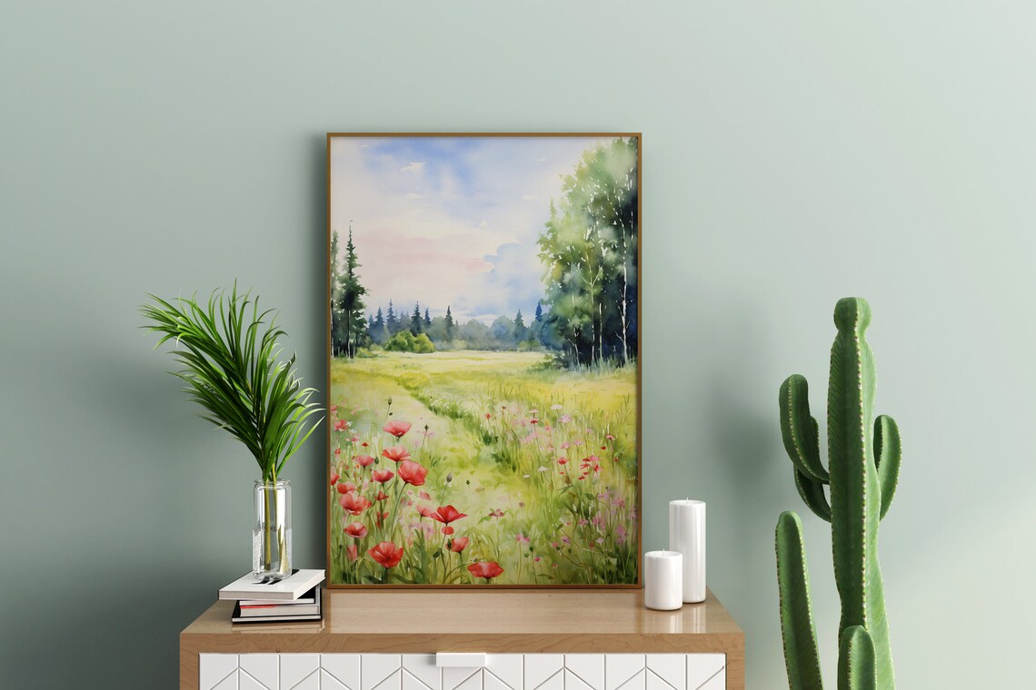 Red Poppy Meadow Watercolor Wildflower Field Spring Art Poster - Image 4